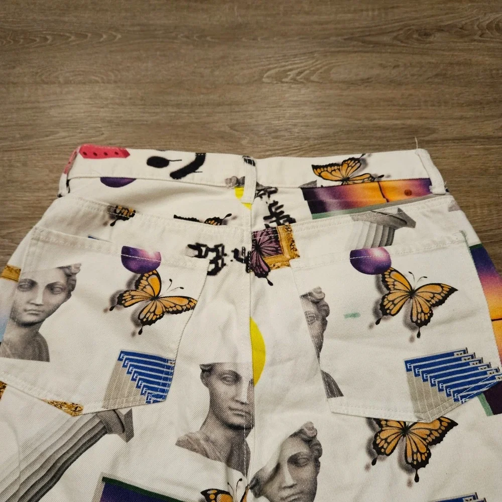 Bershka Graphic Print Straight Leg Jeans Men's 31 White Butterfly Art Denim